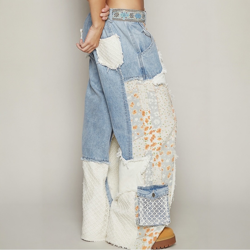 ONLY 1 LEFT! NO RESTOCK! POL Patchwork Detail Woven Twill Denim Pants Small - Picture 2 of 11